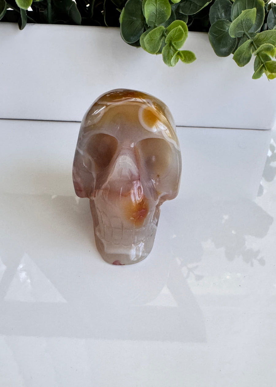 Carnelian Flower Agate Crystal Skull for Grounded Action, approx 3