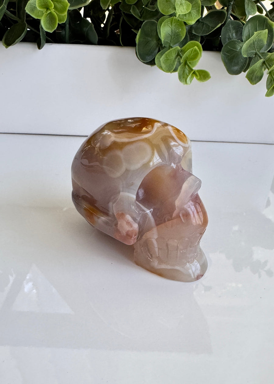 Carnelian Flower Agate Crystal Skull for Grounded Action, approx 3
