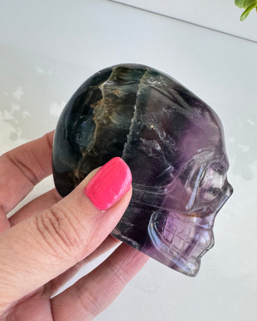DISCOUNTED Fluorite Crystal Skull with Mini Rainbows approx 2.9