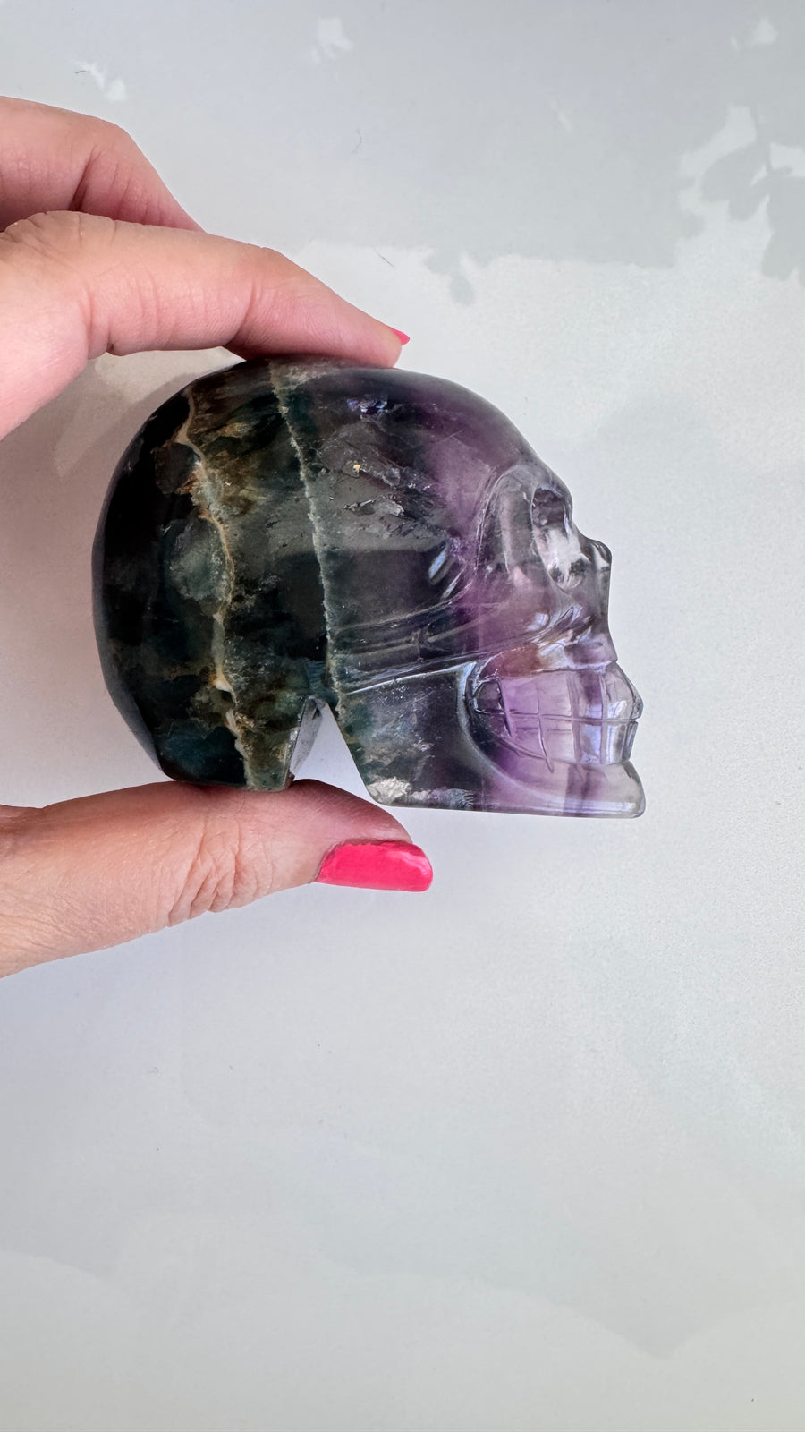DISCOUNTED Fluorite Crystal Skull with Mini Rainbows approx 2.9