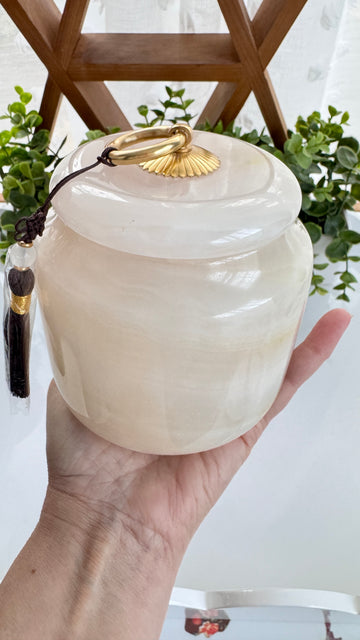 XL White Onyx Banded Calcite Jar with Screw Top Lid 4.75”