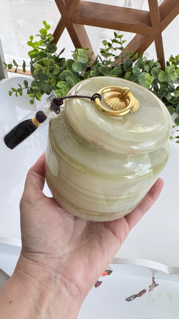 XL Green Onyx Banded Calcite Jar with Screw Top Lid 4.75”