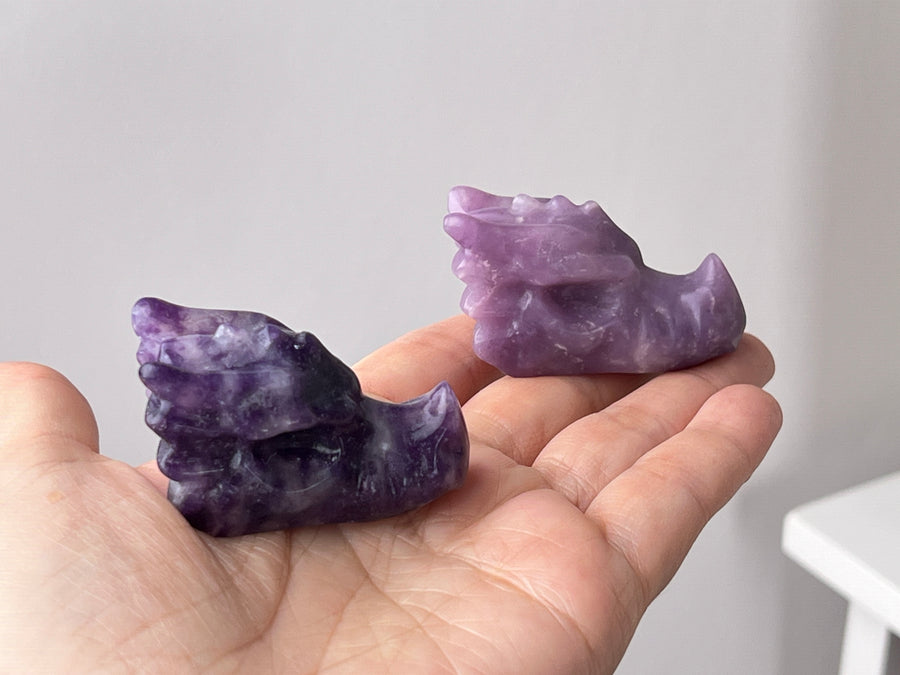 Lepidolite Dragon for Emotional Healing, 2 Inch Crystal Dragon Head Skull