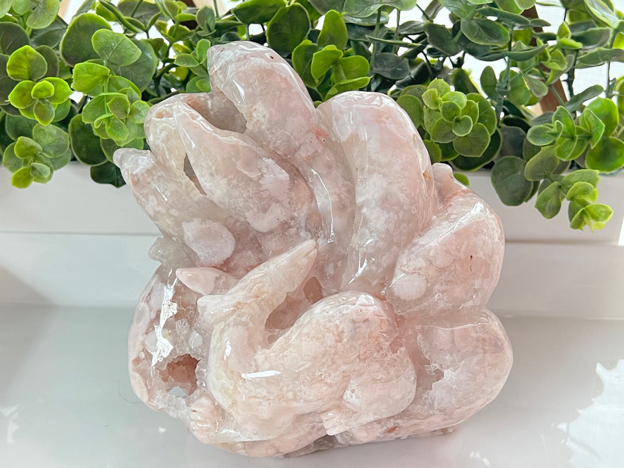 Druzy Pink Flower Agate Fox, Lucky Kitsune Nine Tailed Fox, Huge Statement Crystal