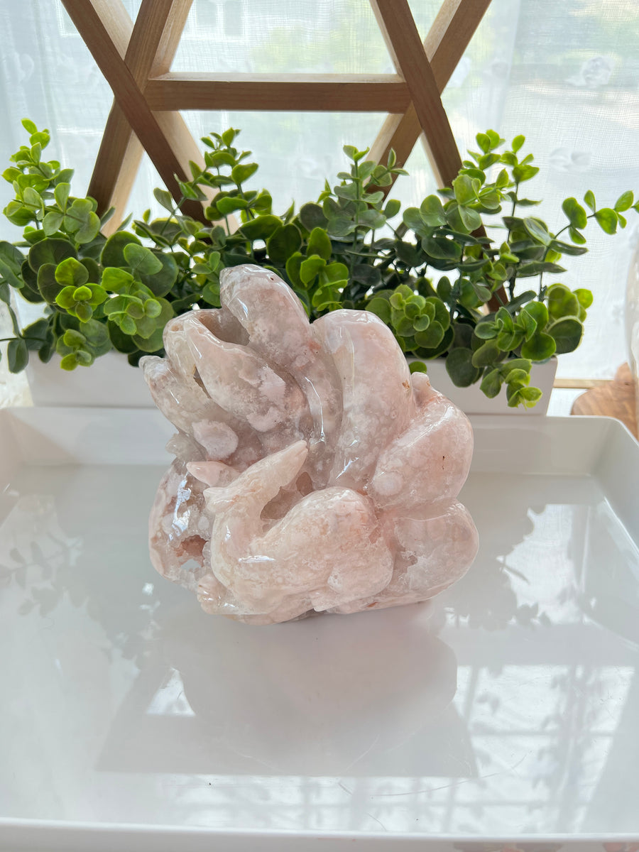 Druzy Pink Flower Agate Fox, Nine Tailed Fox