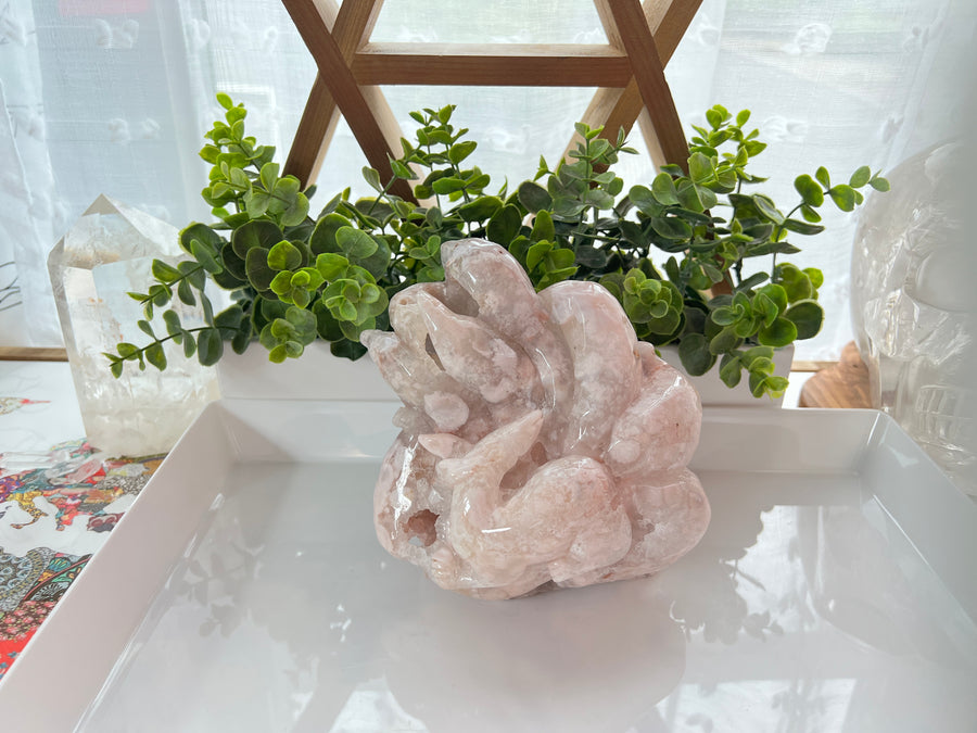 Druzy Pink Flower Agate Fox, Nine Tailed Fox