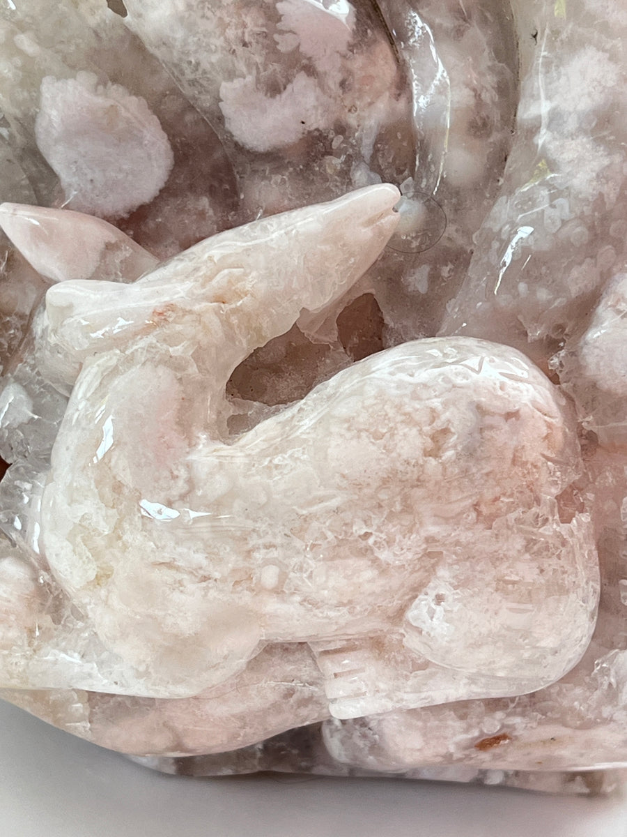 Druzy Pink Flower Agate Fox, Nine Tailed Fox
