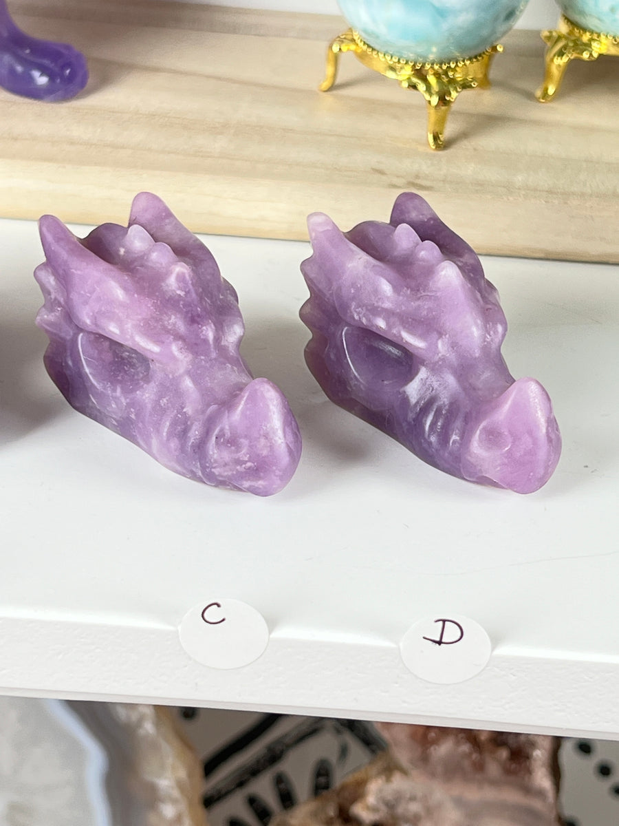 Lepidolite Dragon for Emotional Healing, 2 Inch Crystal Dragon Head Skull