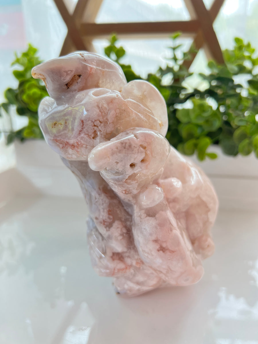 Druzy Pink Flower Agate Fox, Nine Tailed Fox