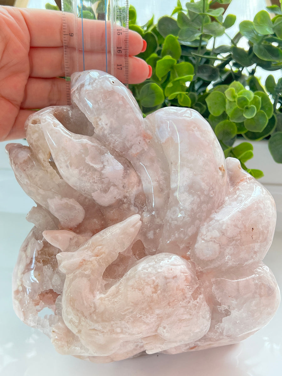 Druzy Pink Flower Agate Fox, Nine Tailed Fox