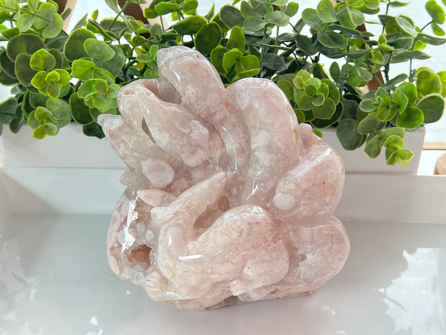 Druzy Pink Flower Agate Fox, Nine Tailed Fox