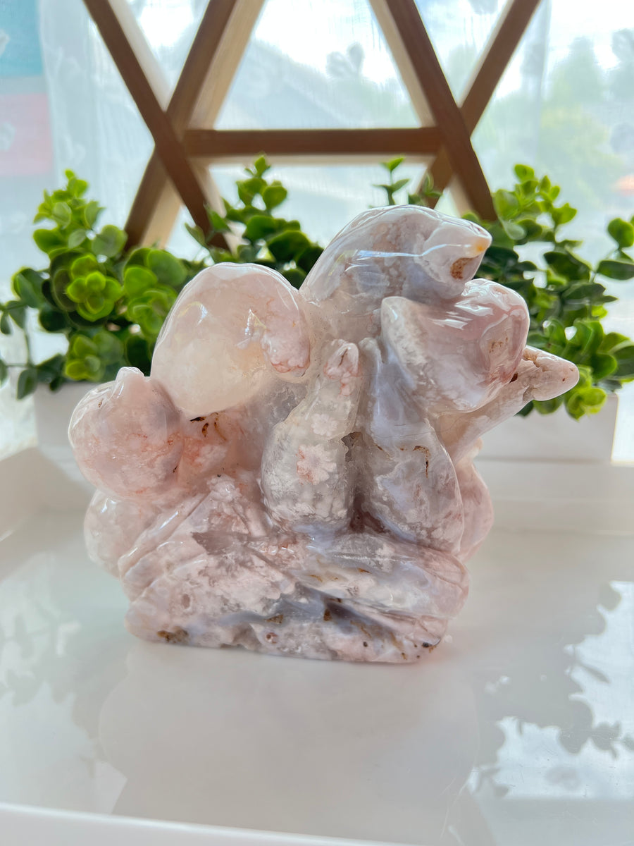 Druzy Pink Flower Agate Fox, Lucky Kitsune Nine Tailed Fox, Huge Statement Crystal