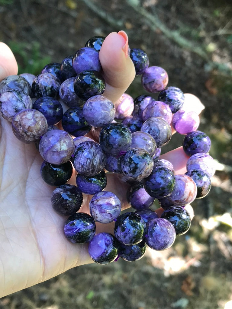 Charoite 12-14 mm Natural Crystal Bracelet, Stretchy, Extra Large Beads