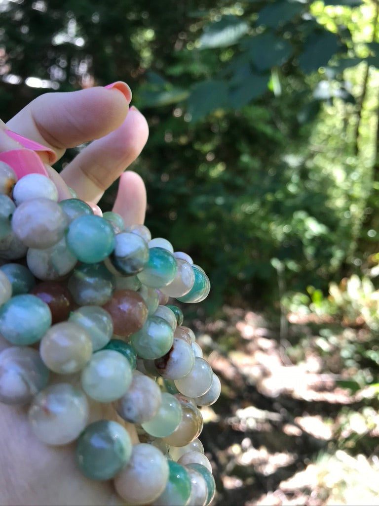Green Flower Agate 10 mm High Grade Natural Crystal Bracelet, Stretchy, Large Bead Size
