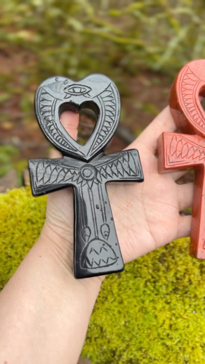 Red Jasper Egyptian Carving Heart Ankh Cross, 6 Inch