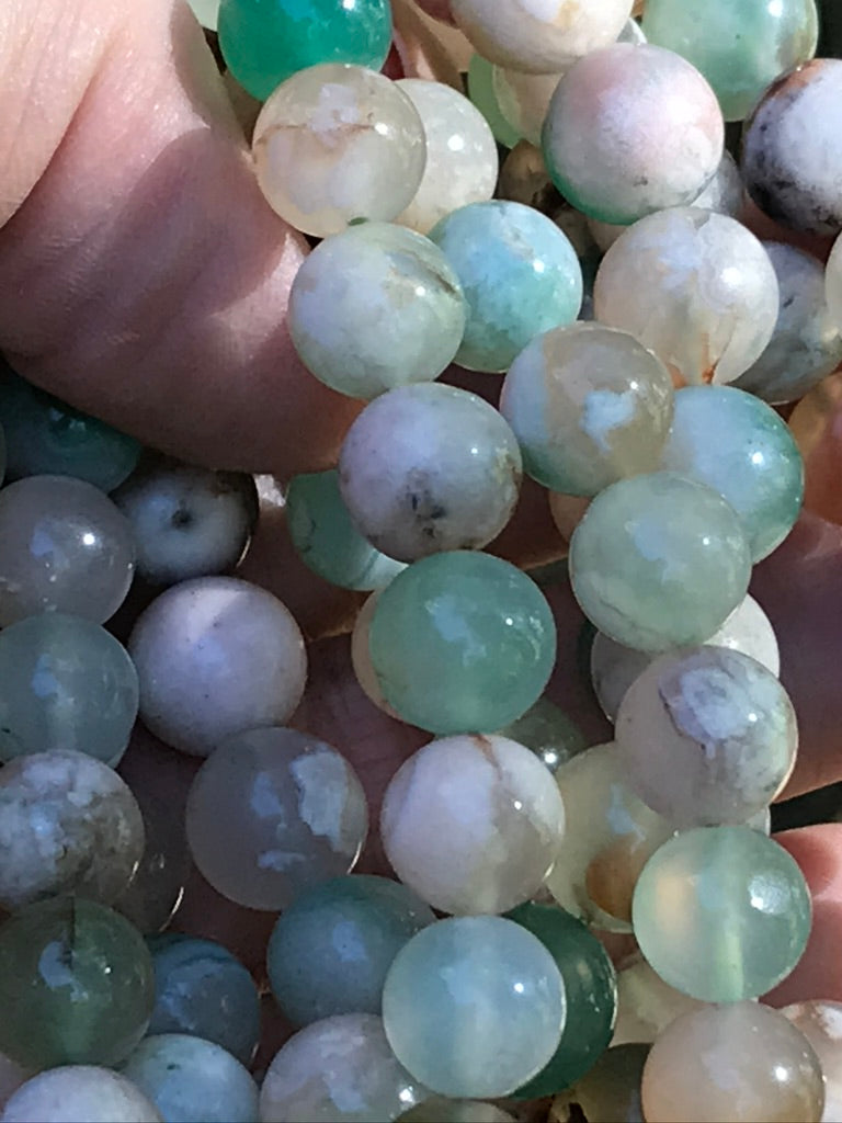 Green Flower Agate 10 mm High Grade Natural Crystal Bracelet, Stretchy, Large Bead Size