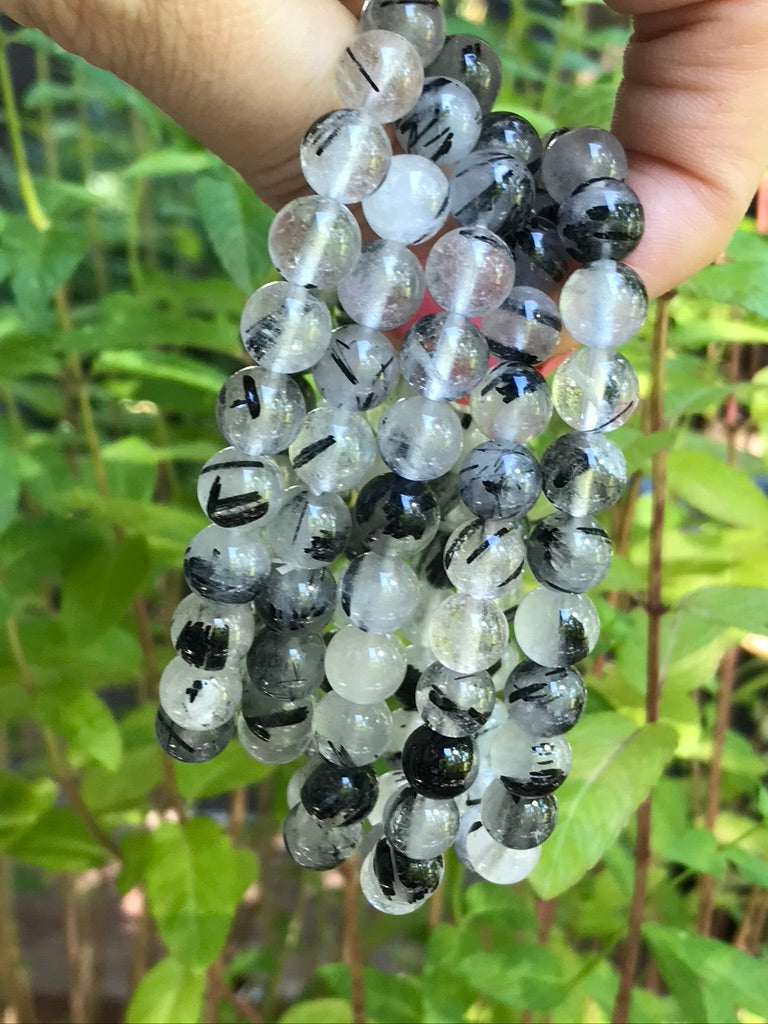 Black Tourmaline Quartz 8 mm Natural Crystal Bracelet, Stretchy, Tourmalated Quartz