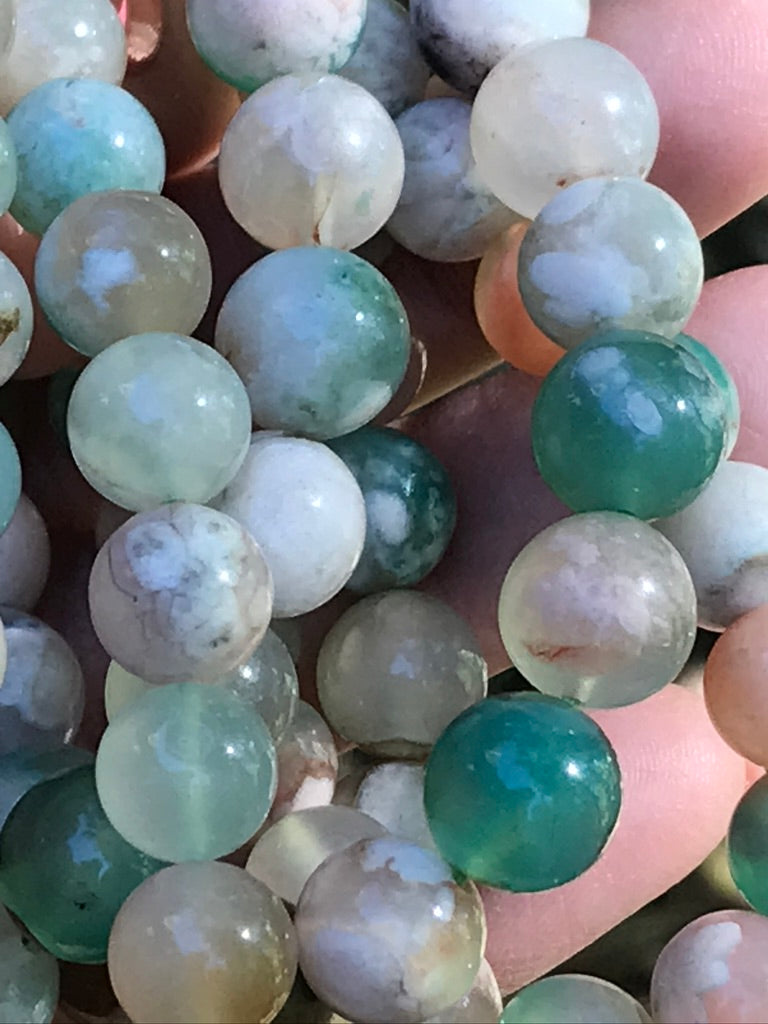 Green Flower Agate 10 mm High Grade Natural Crystal Bracelet, Stretchy, Large Bead Size