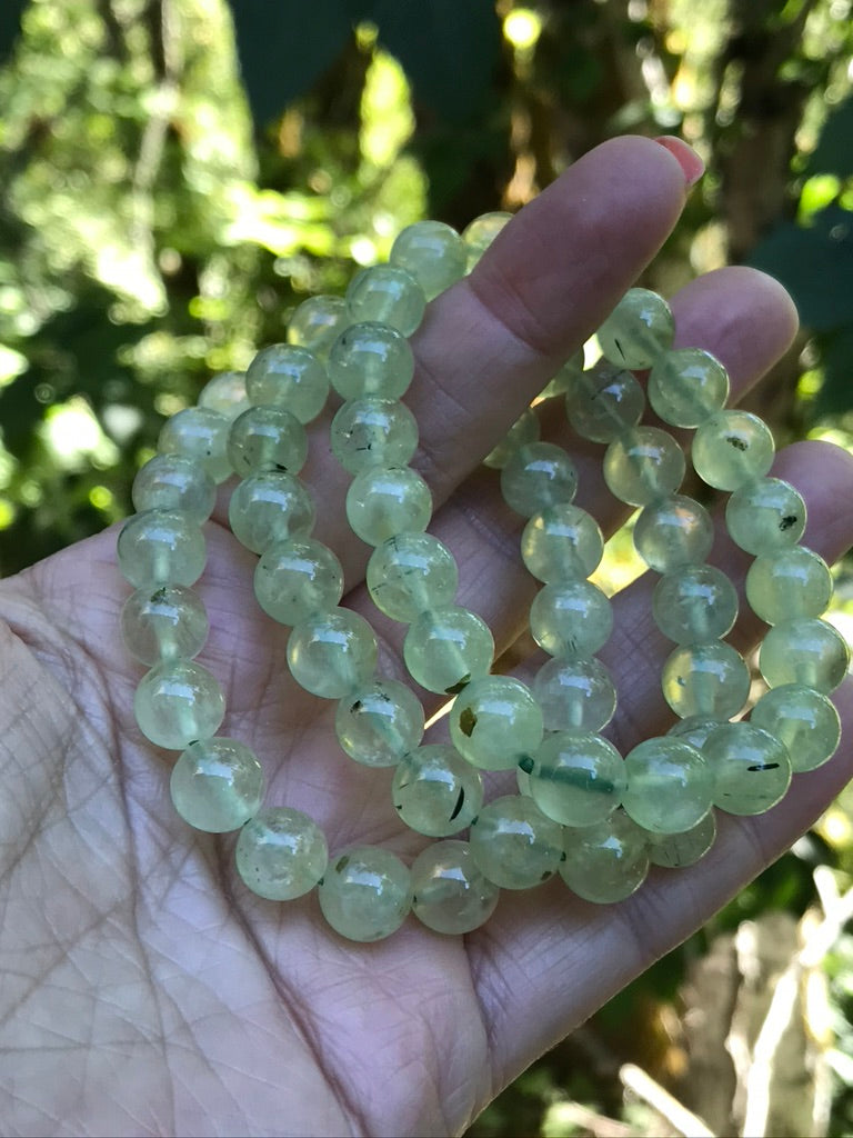 Prehnite Epidote 10 mm Natural Crystal Bracelet, Stretchy, Large Beads