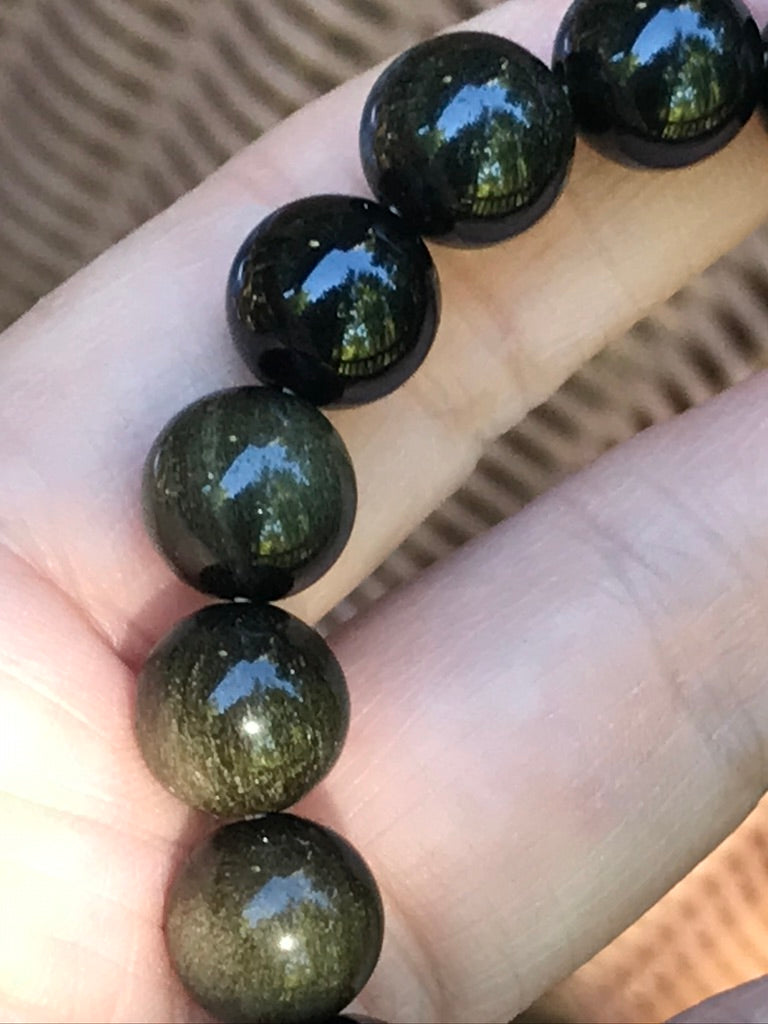 Sheen Obsidian 10 mm Bracelet for Protection & Boundaries, Stretchy, Large Beads
