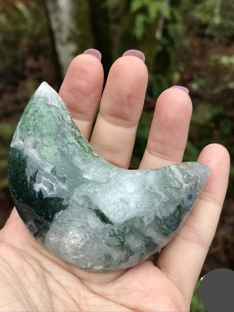 Moss Agate Puffy Moon Palm Stone, Large 3 inches approx