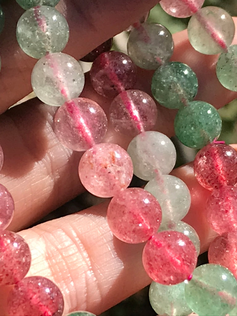 Strawberry Watermelon Quartz 8 mm Crystal Bracelet, Stretchy, Tanzberry, Green and Pink