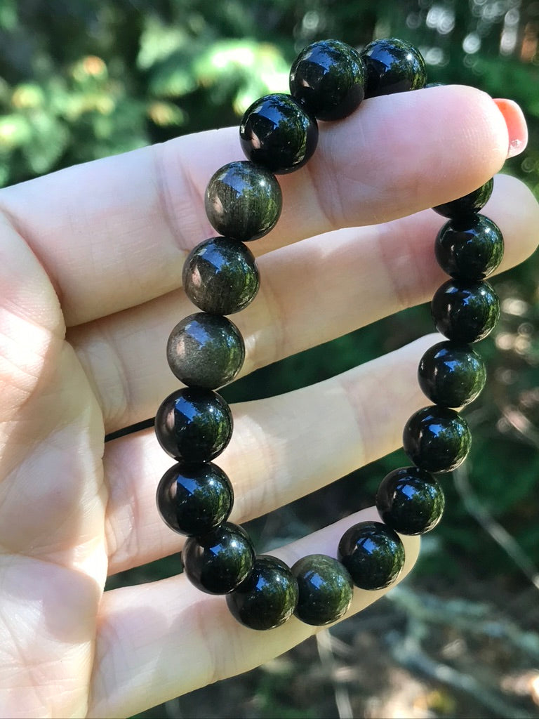 Sheen Obsidian 10 mm Bracelet for Protection & Boundaries, Stretchy, Large Beads