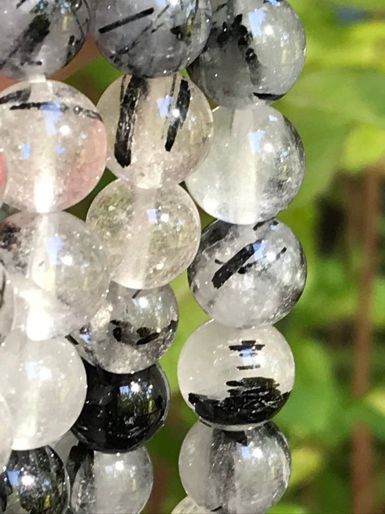 Black Tourmaline Quartz 8 mm Bracelet for Grounding & Holding Intentions, Stretchy, Tourmalated Quartz