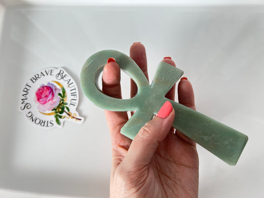 Green Aventurine Crystal Ankh Cross, 6 Inch