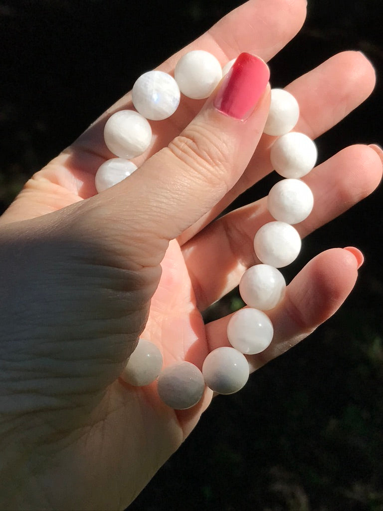 Moonstone 12 mm Natural Crystal Bracelet, Stretchy, Pure White Moonstone