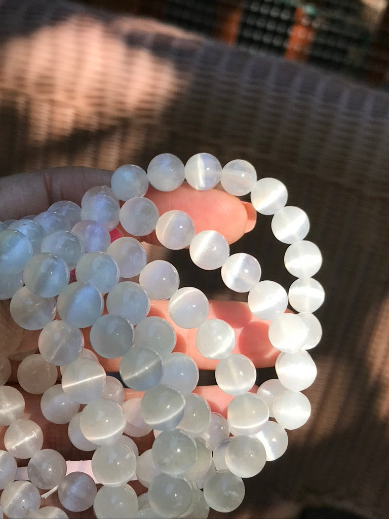 Selenite 8 mm Natural Crystal Bracelet, Stretchy, Selenite Spar