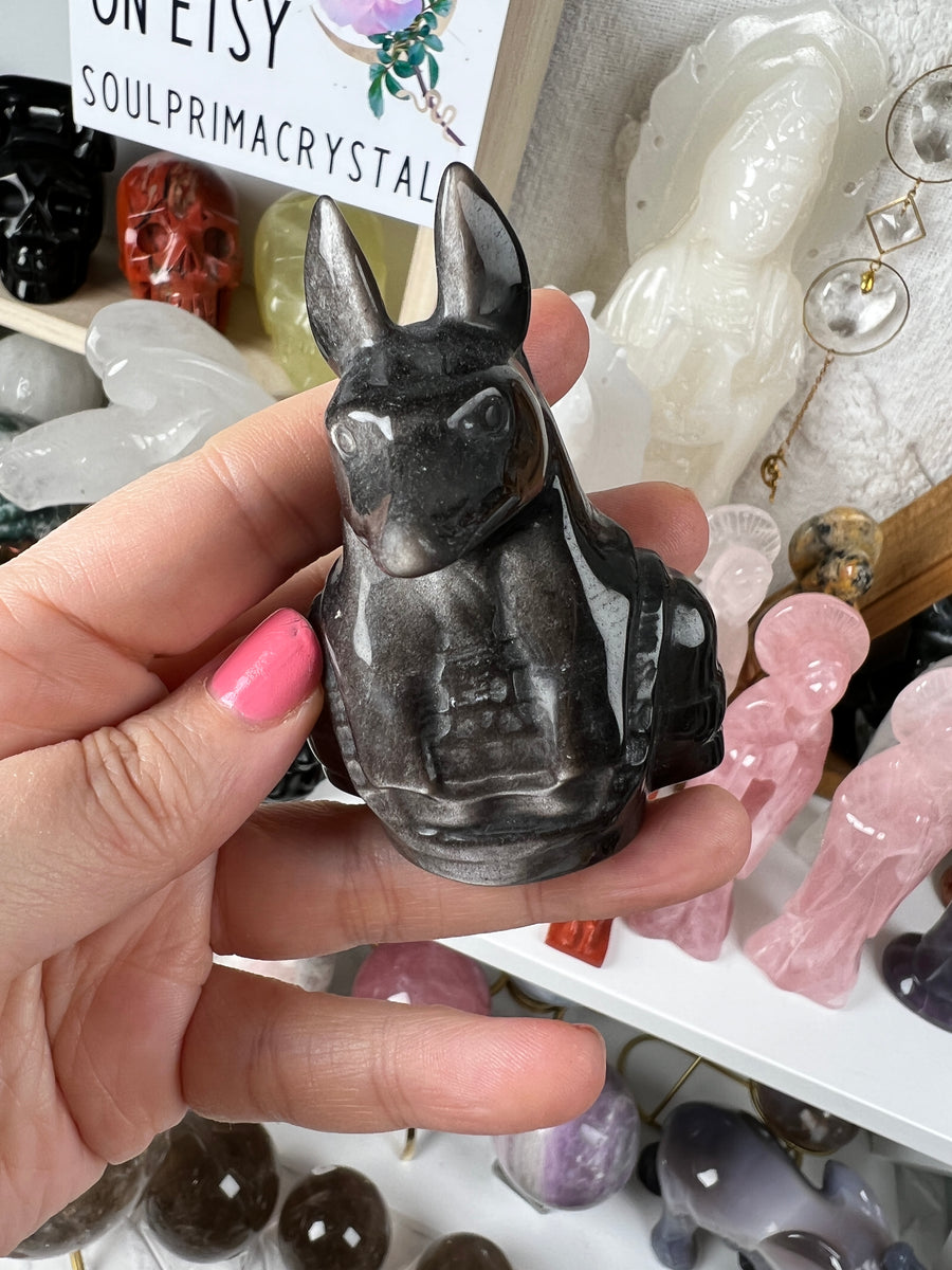 Egyptian Anubis Carving Statue, Black Obsidian or Obsidian with Silver Sheen