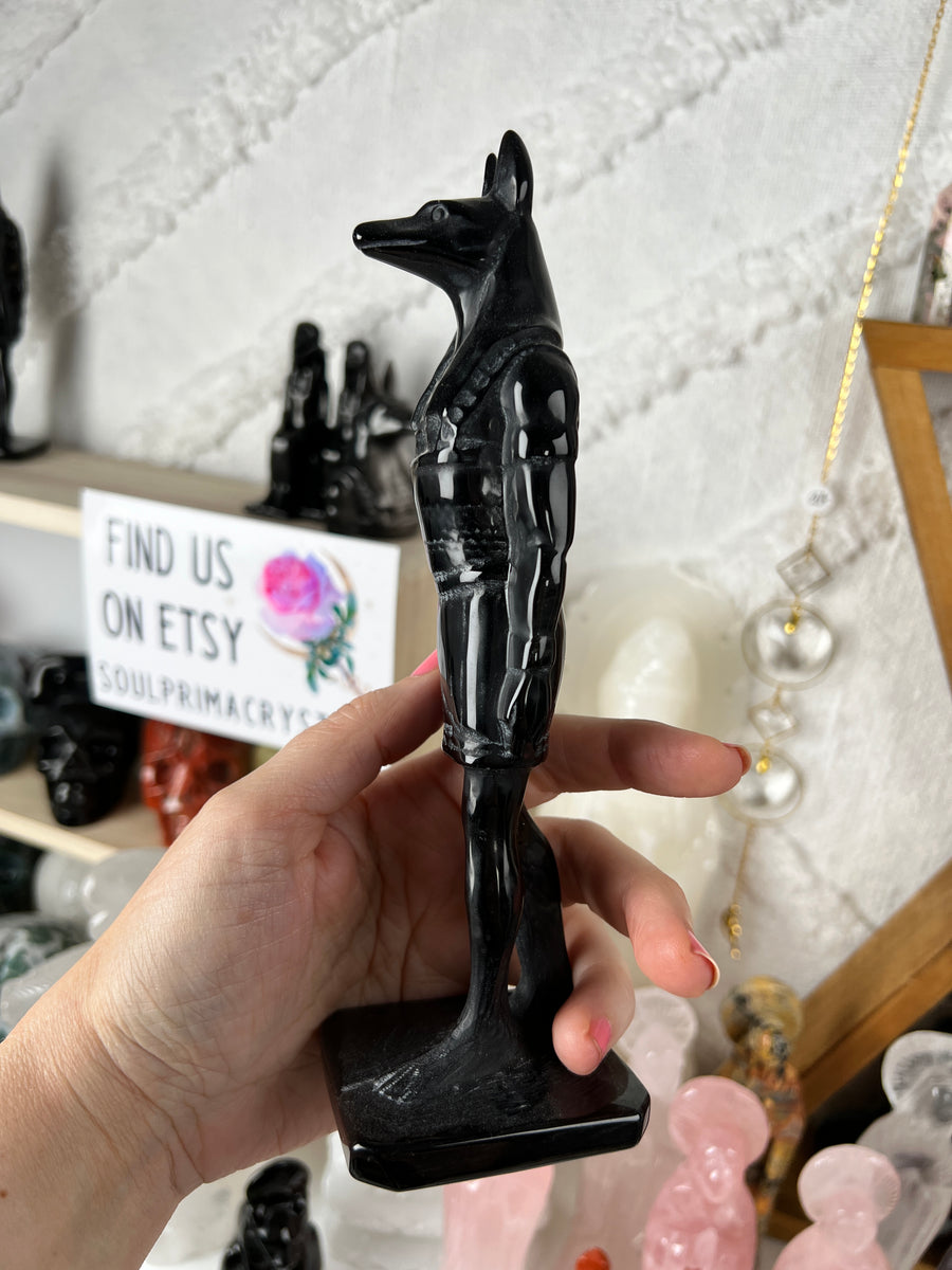 XXL or Large Egyptian Anubis Carving Standing Statue, Black Obsidian, 15cm or 21cm