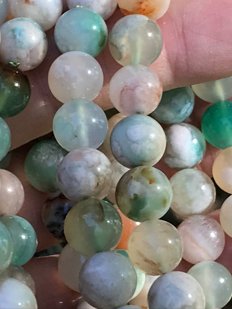Green Flower Agate 10 mm High Grade Natural Crystal Bracelet, Stretchy, Large Bead Size