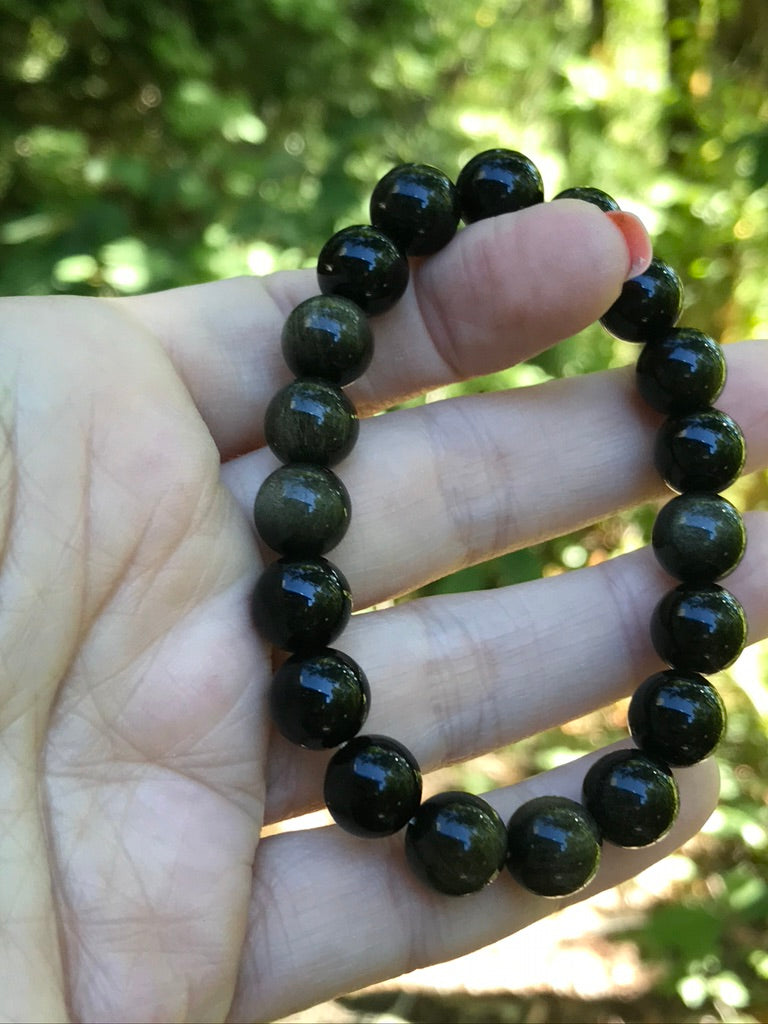 Sheen Obsidian 10 mm Bracelet for Protection & Boundaries, Stretchy, Large Beads