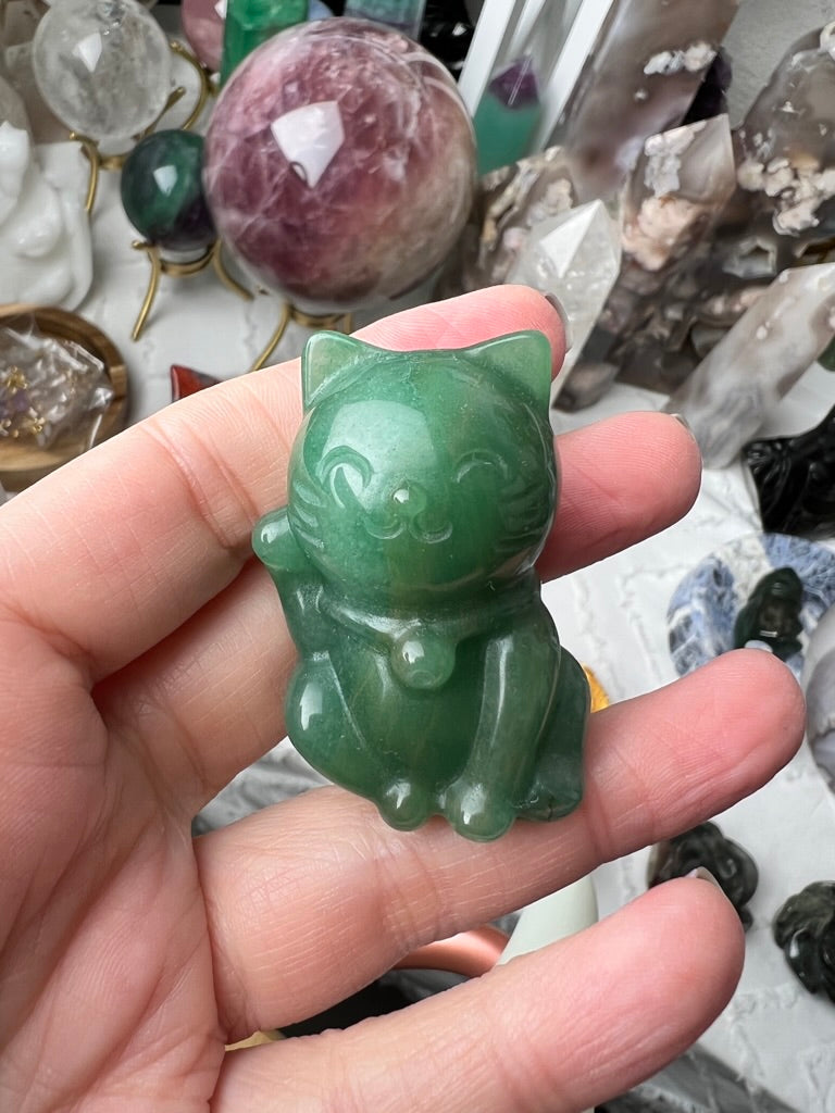 Lucky Cat RIGHT PAW UP, Green Aventurine or Rose Quartz Maneki Neko, Fortune Cat, Sweet Blessings Style
