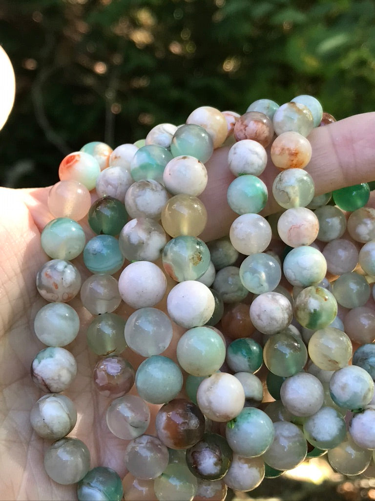 Green Flower Agate 10 mm High Grade Natural Crystal Bracelet, Stretchy, Large Bead Size