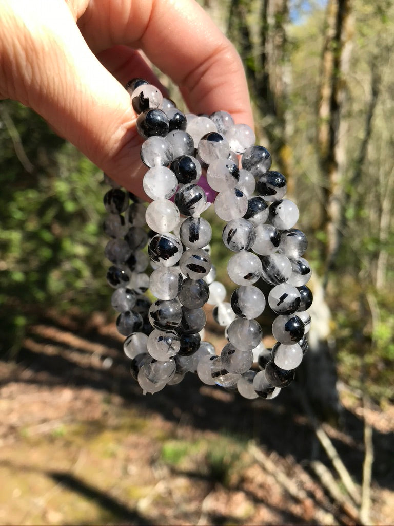 Black Tourmaline Quartz 8 mm Bracelet for Grounding & Holding Intentions, Stretchy, Tourmalated Quartz