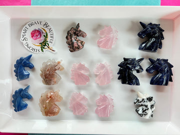 Crystal Unicorn Carving 2 Inch, Choose Your Favorite, Rose Quartz, Flower Agate, Blue Aventurine, Sodalite, Rhodonite, Zebra Jasper