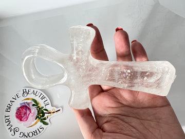 Rainbow Clear Quartz Crystal Ankh Cross, 6 Inch, with Curved Edges