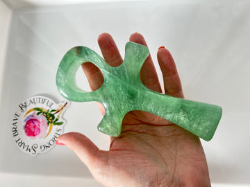 Green Fluorite Crystal Ankh Cross, 6 Inch, w/Curved Edges