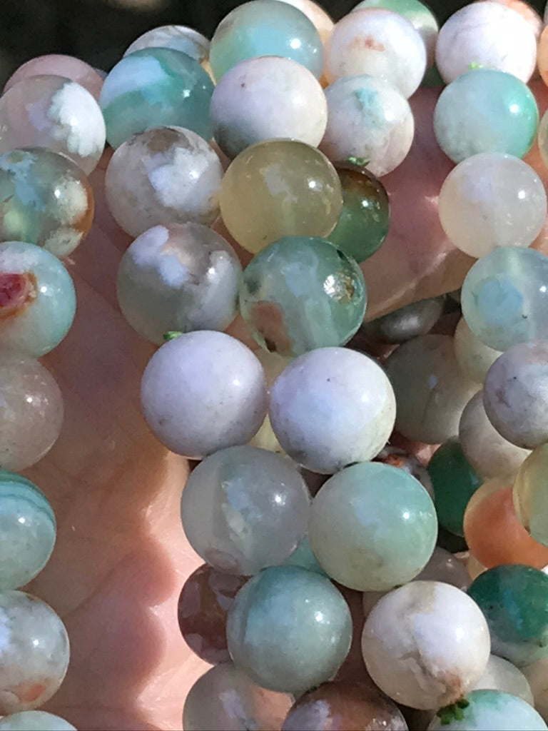 Green Flower Agate 10 mm High Grade Natural Crystal Bracelet, Stretchy, Large Bead Size