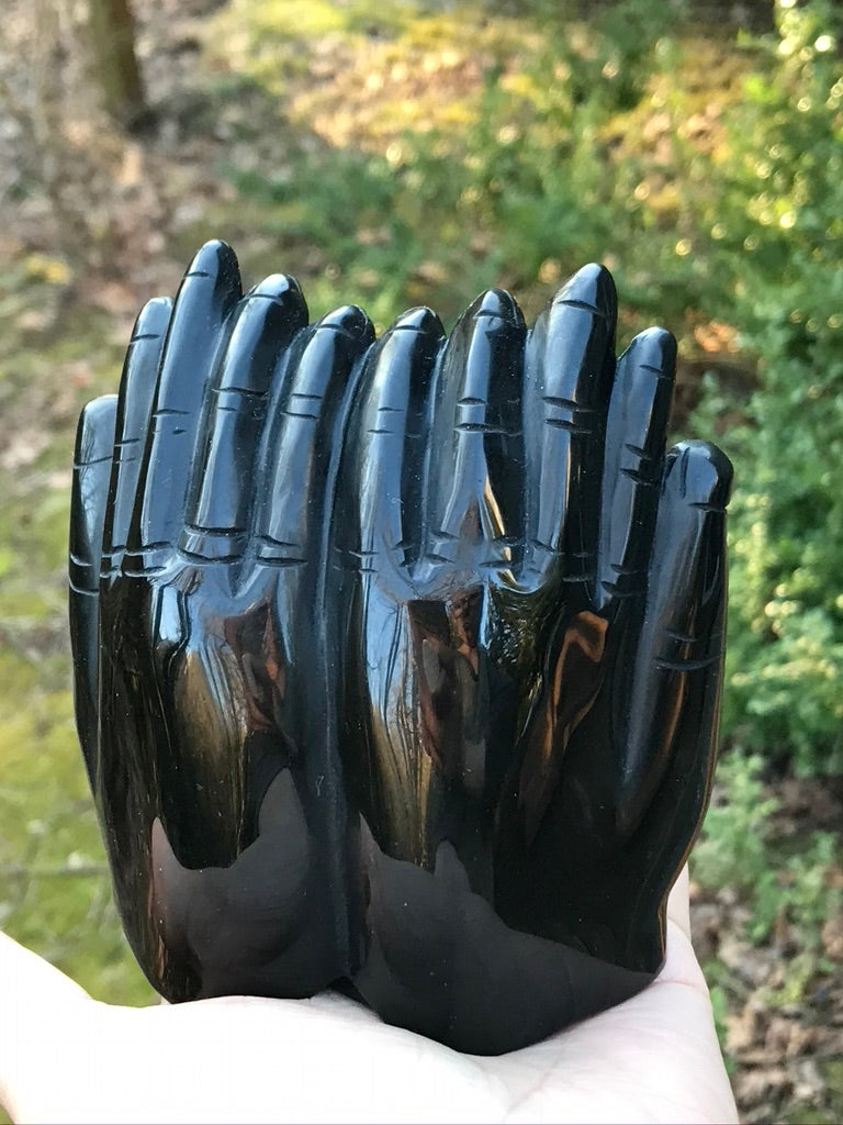 Black Obsidian Healing Hands Crystal Sculpture for Grounding & Boundaries