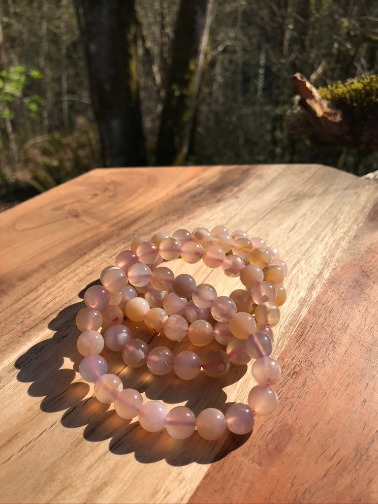 Flower Agate 10 mm High Grade Natural Crystal Bracelet, Stretchy, Large Beads