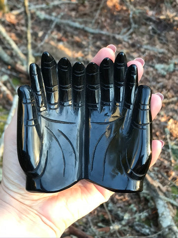Black Obsidian Healing Hands Crystal Sculpture for Grounding & Boundaries