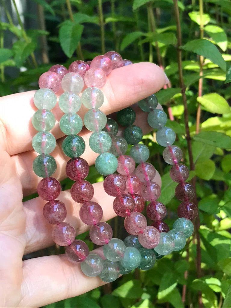 Strawberry Watermelon Quartz 8 mm Crystal Bracelet, Stretchy, Tanzberry, Green and Pink