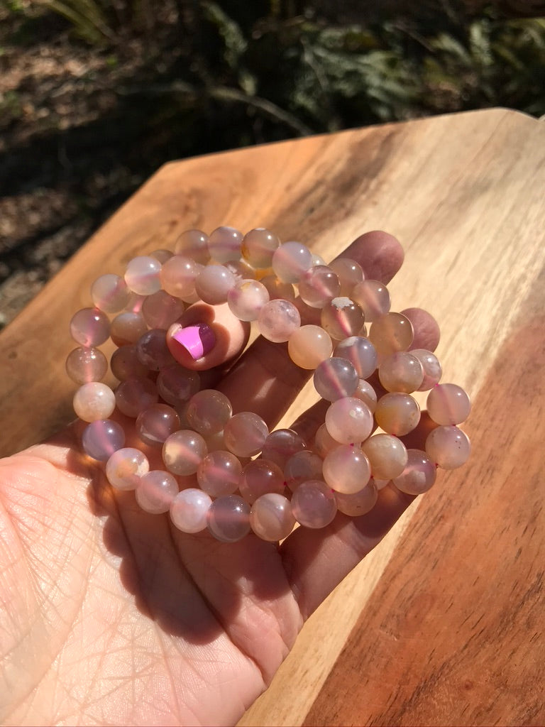 Flower Agate 10 mm High Grade Natural Crystal Bracelet, Stretchy, Large Beads