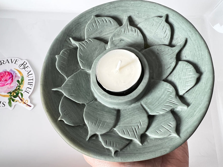 Jade Stone Lotus Tea Light Candle Holder, Altar Offering Bowl, 6 Inch