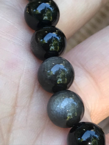 Black Obsidian Sheen 10 mm Natural Crystal Bracelet, Stretchy, Large Beads