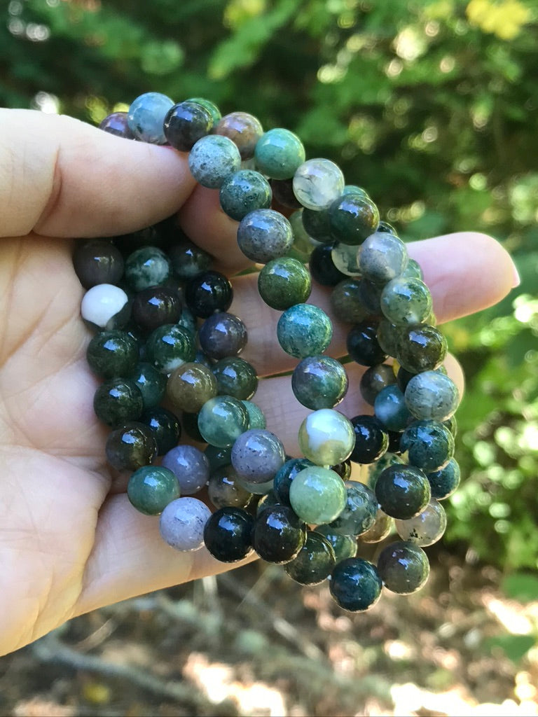 Moss Agate 8 mm Natural Crystal Bracelet, Stretchy